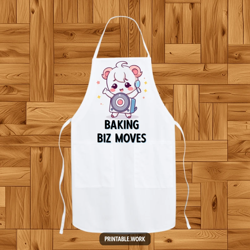 Funny Kawaii Rolodex Apron showing a cute Kawaii character doing a silly dance with a rolodex, a humorous kitchen accessory.