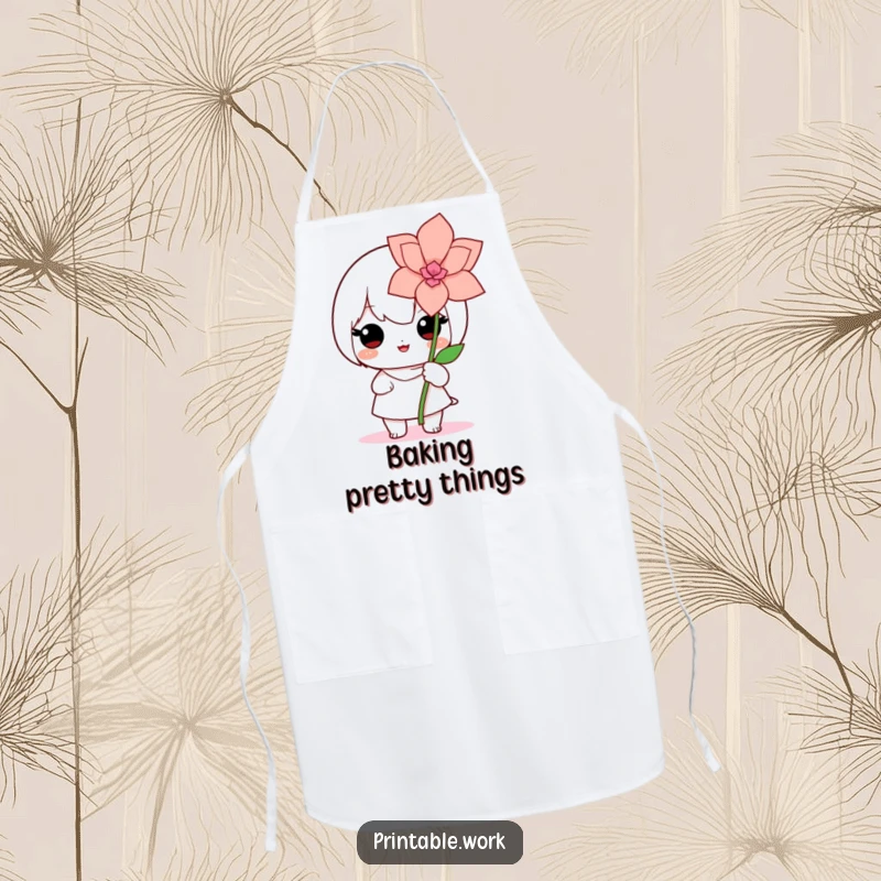 Cute Kawaii apron showing a proud character proudly presenting a handcrafted paper flower, adding a touch of creativity to cooking and crafting.