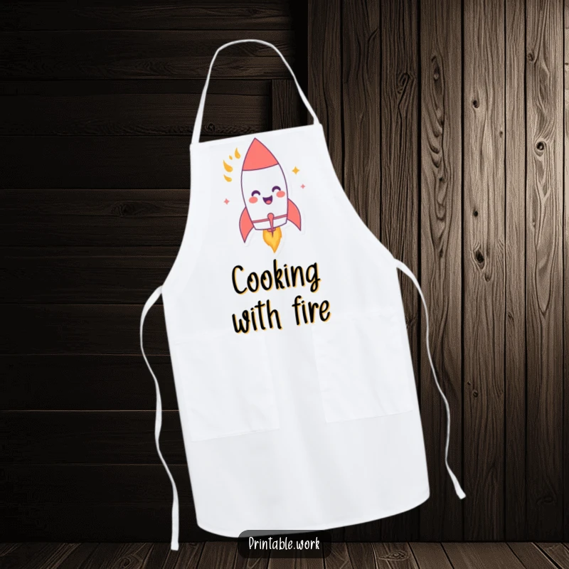 Funny apron with a giggling paper rocket character blasting off with flames, making cooking tasks a humorous and exciting experience.