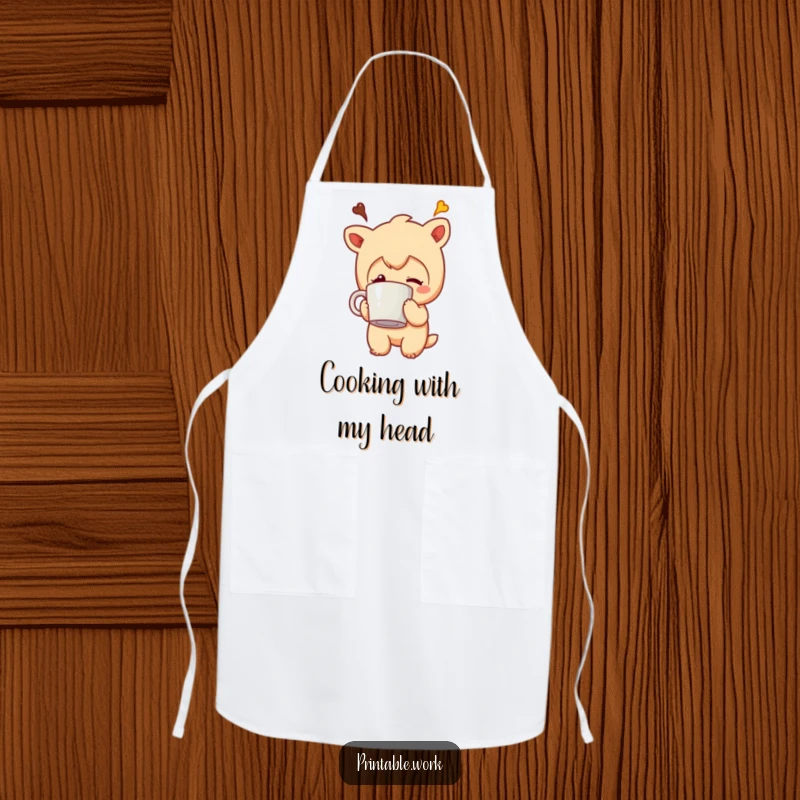 Funny apron with a character humorously having its coffee mug stuck directly onto its head while cooking or in the kitchen.