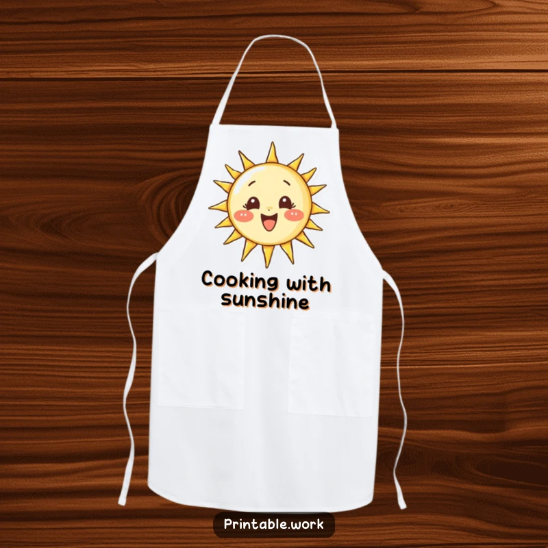 Funny apron showing a determined character drawing a perfect, smiling sun, ideal for kitchen creation or artistic endeavors.