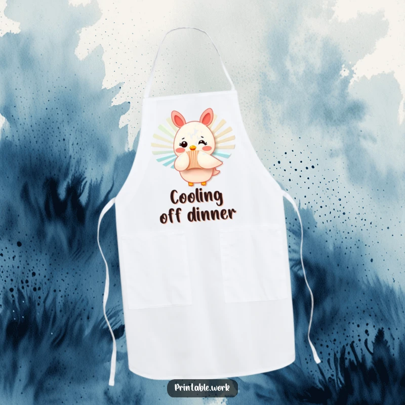 Funny apron with a rosy-cheeked paper fan character fluttering playfully, making cooking tasks a humorous and spirited experience.