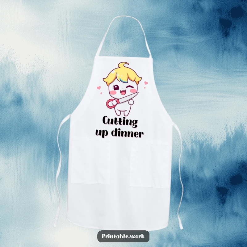 Funny Kawaii character winking while holding scissors on a functional and humorous kitchen apron, ideal for precise and playful cooks.