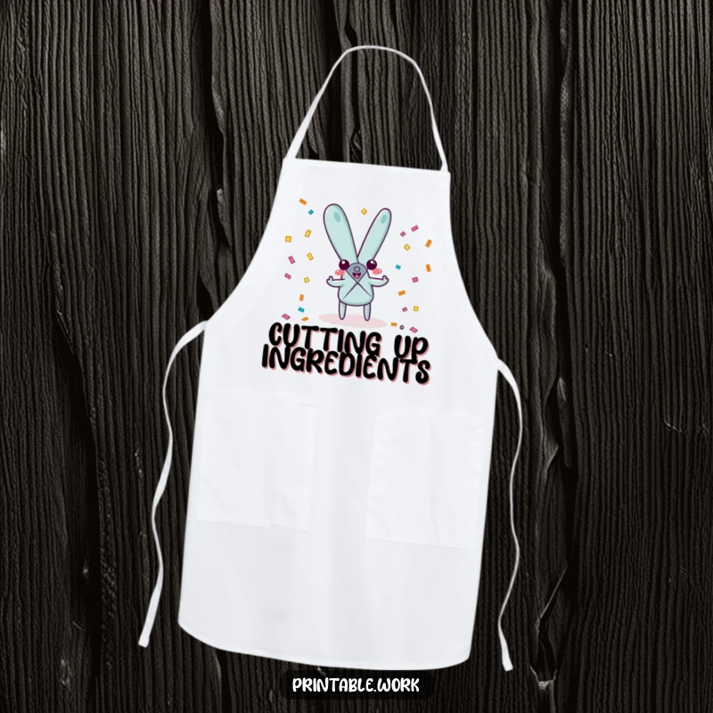 Funny playful scissors character apron, cheerfully snipping confetti, perfect for festive cooking and crafting sessions.