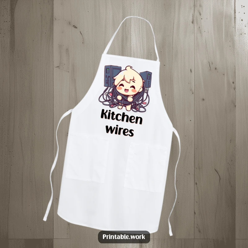Funny apron showing a cheerful character tangled in a mess of computer cables, a humorous design for tech-savvy cooks.