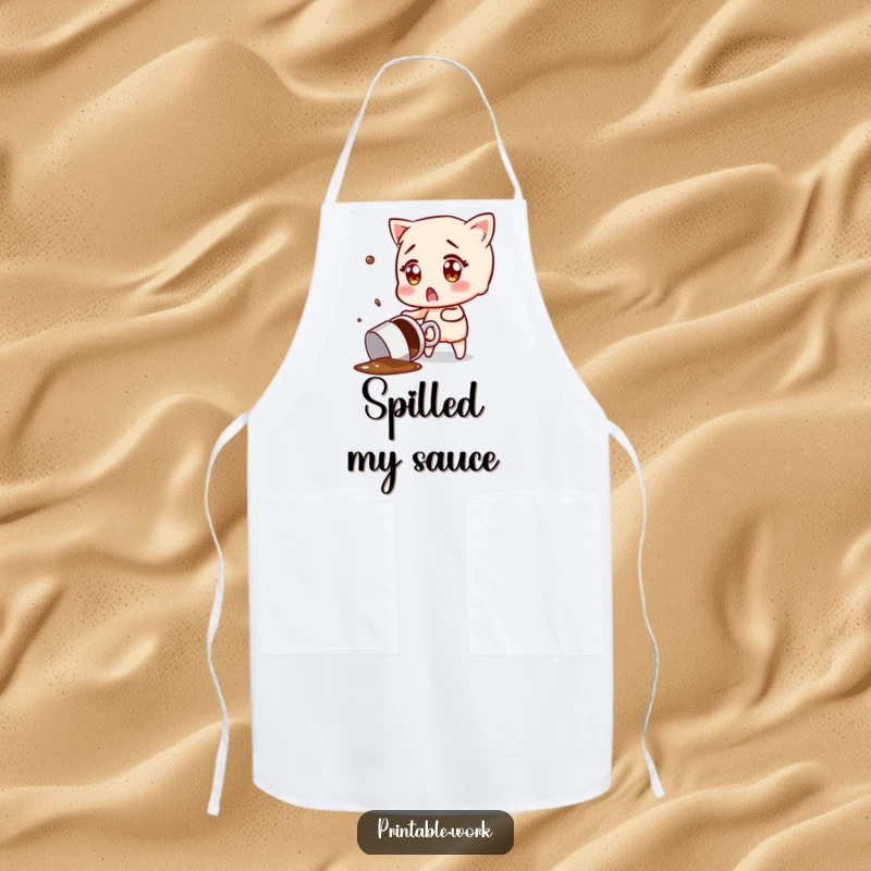 Funny apron showing a character with surprised eyes attempting to catch a flying, spilled coffee mug, a humorous kitchen mishap.