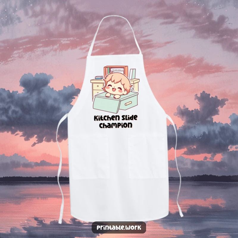Funny Apron with a character gleefully sliding down a desk with a smile, adding playful flair to cooking.