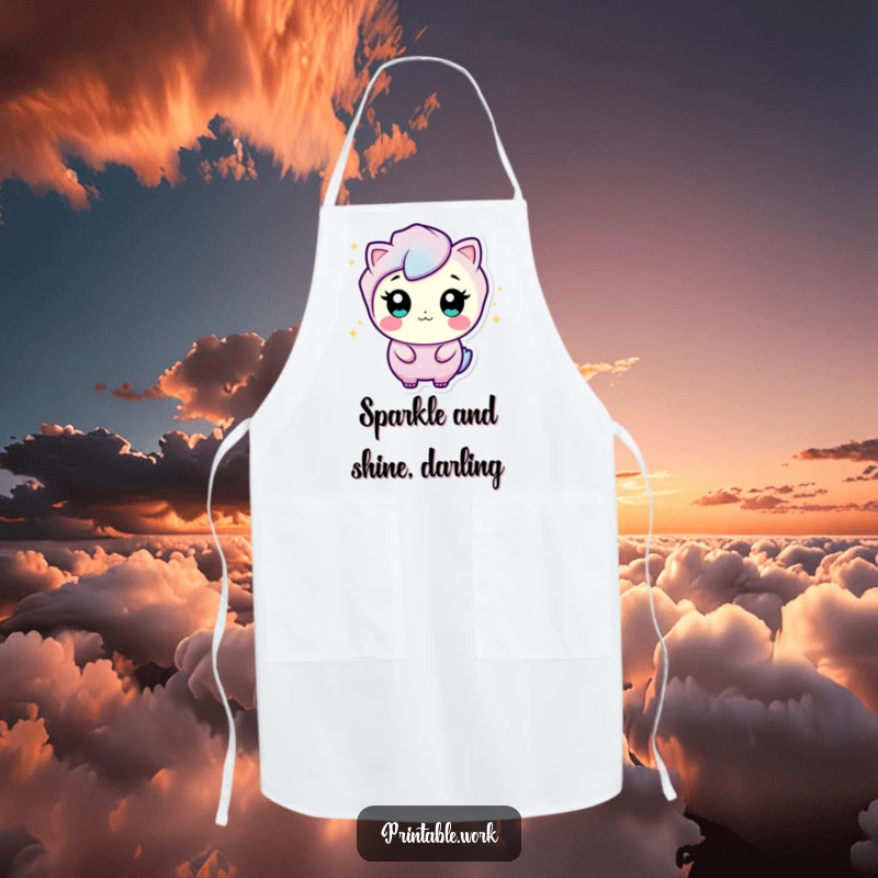 Funny apron featuring a curious glitter character, adding sparkle and wiggles to your cooking adventures.