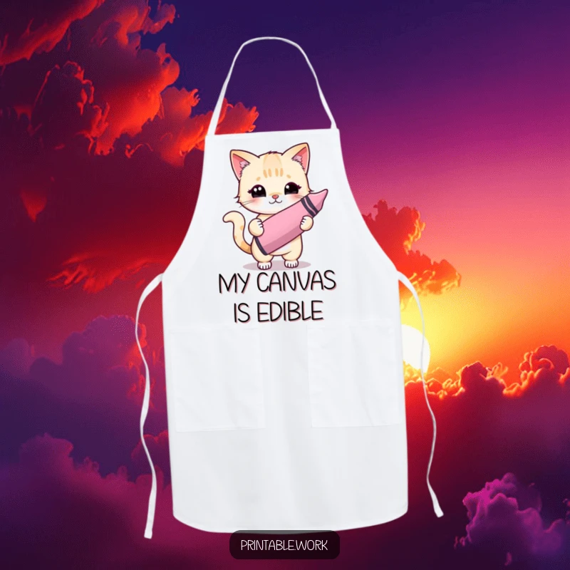 Funny Kawaii cat artist wearing an apron, wielding a crayon, ready to create art without making a mess.