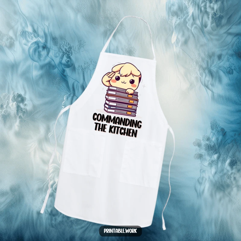 Funny Kawaii Apron: Determined character saluting a pile of files, perfect for kitchen tasks with a side of humor.