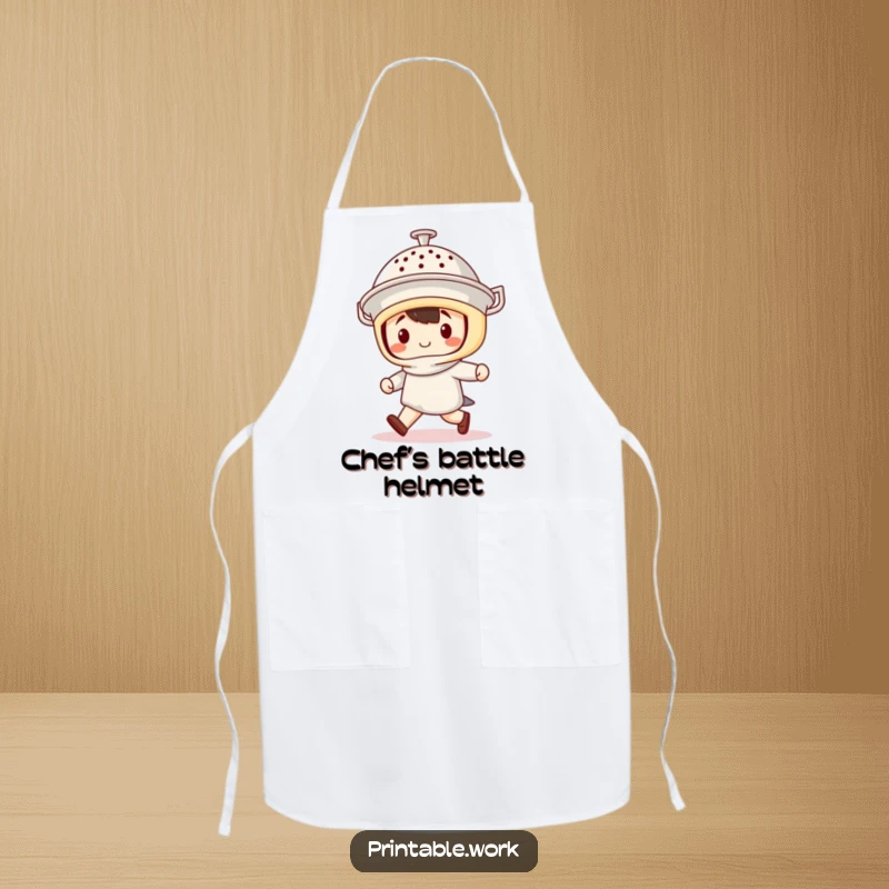 Funny Apron: Humorous apron featuring a kawaii character marching with a colander helmet, perfect for adding fun to cooking.