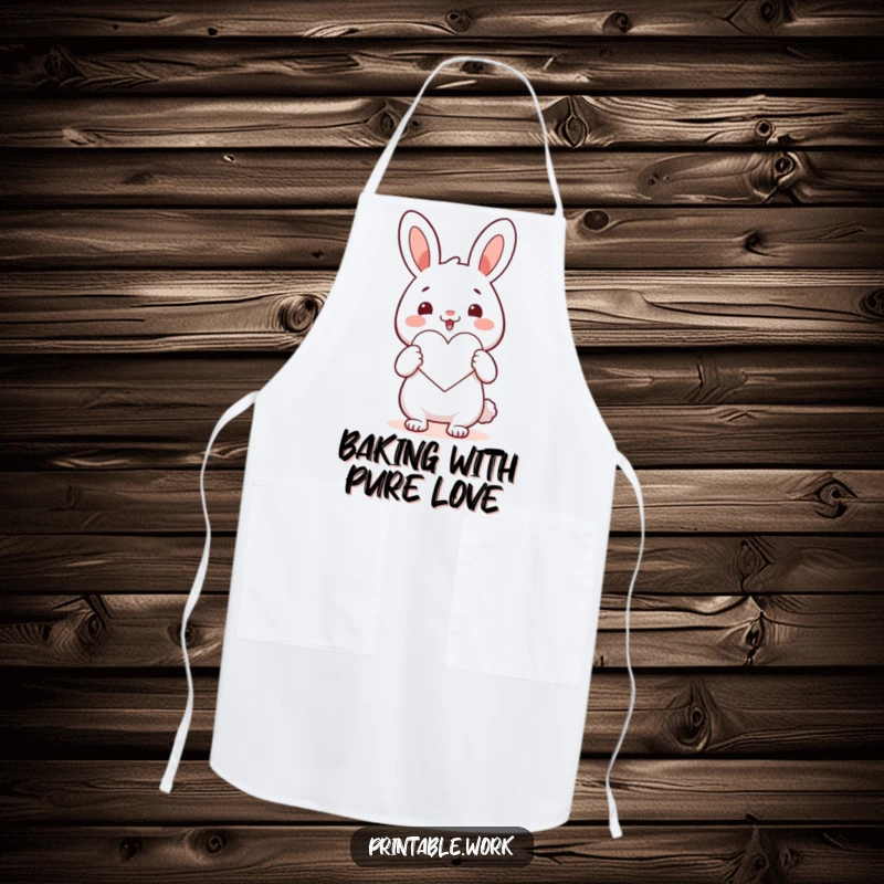 Funny Kawaii rabbit character wearing an apron, enthusiastically cutting a heart, ready for any messy, loving task.