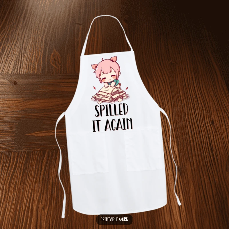 Funny Kawaii character comically tripping over a tiny pile of papers, on a kitchen apron, a cute and humorous cooking accessory.