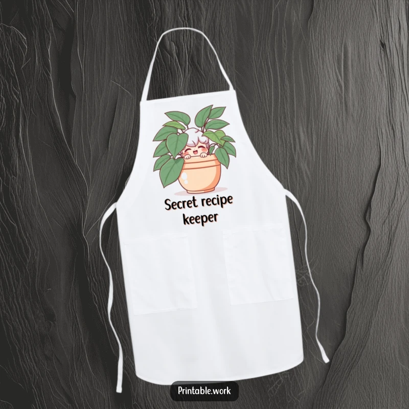Funny apron featuring a playful character hiding behind a potted plant, giving a mischievous wink.