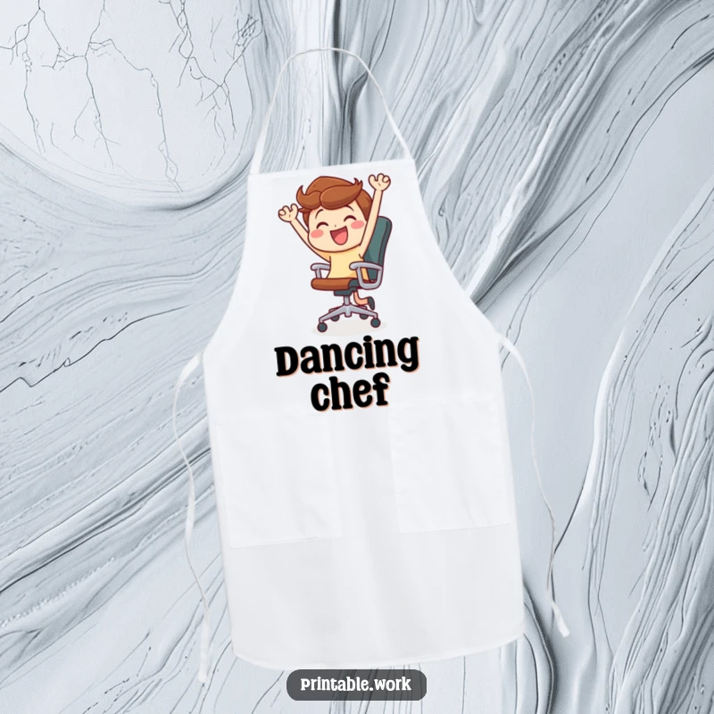Funny apron showing a character joyfully dancing and spinning in an office chair, a humorous design for cooks and bakers.