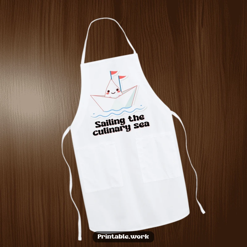 Funny paper boat character with a tiny flag sailing on a wavy line, on a functional apron, making cooking more enjoyable.