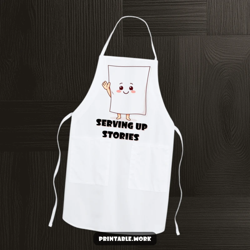 Funny Apron featuring a smiling paper character waving a large sheet, ideal for adding humor to the kitchen.