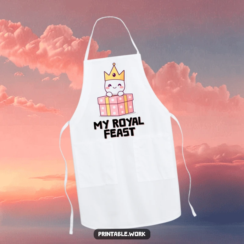 Funny paper crown character with a cheerful expression sitting atop a present, on a functional apron, adding festive flair.