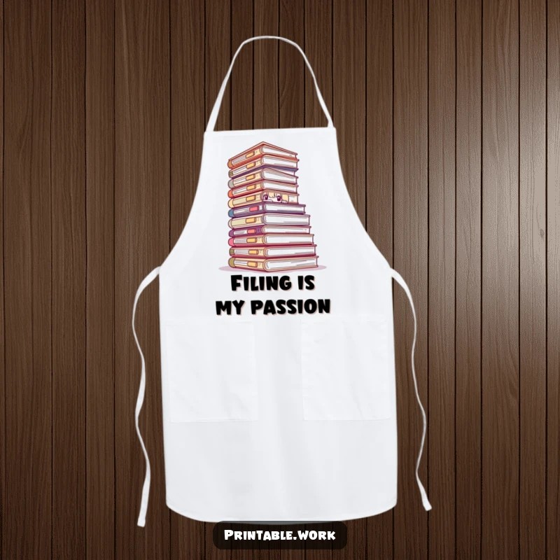 Funny apron showing a character peeking over a mound of files, perfect for cooking or crafting with a sense of playful disarray.
