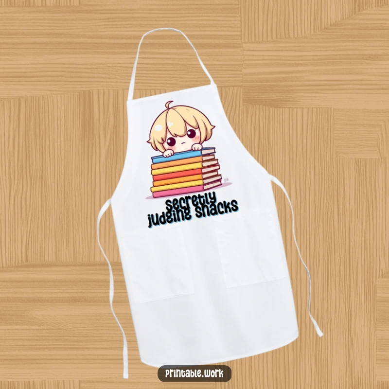 Funny Apron: Shy Kawaii character peeking around colorful book pages, a humorous and practical kitchen accessory.