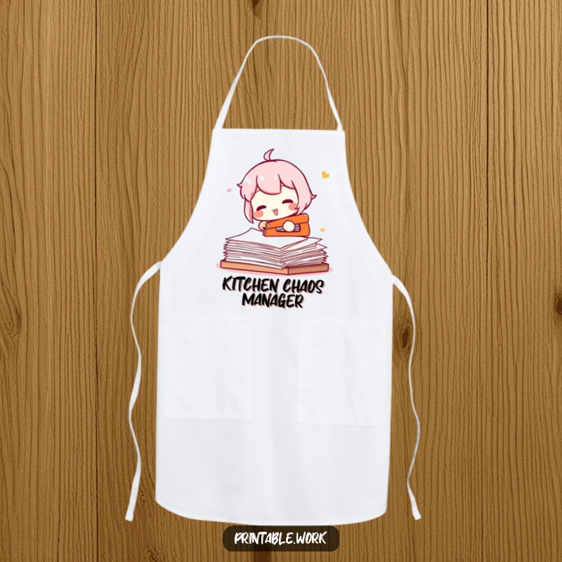 Funny apron showing a character humorously trying to staple a large ream of paper, great for kitchen humor.