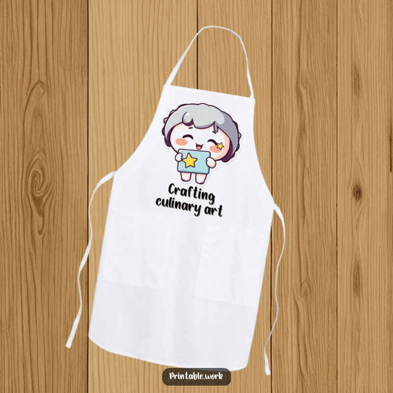 Funny apron with a happy character, star on cheek, holding a stencil. Perfect for messy art or craft projects.