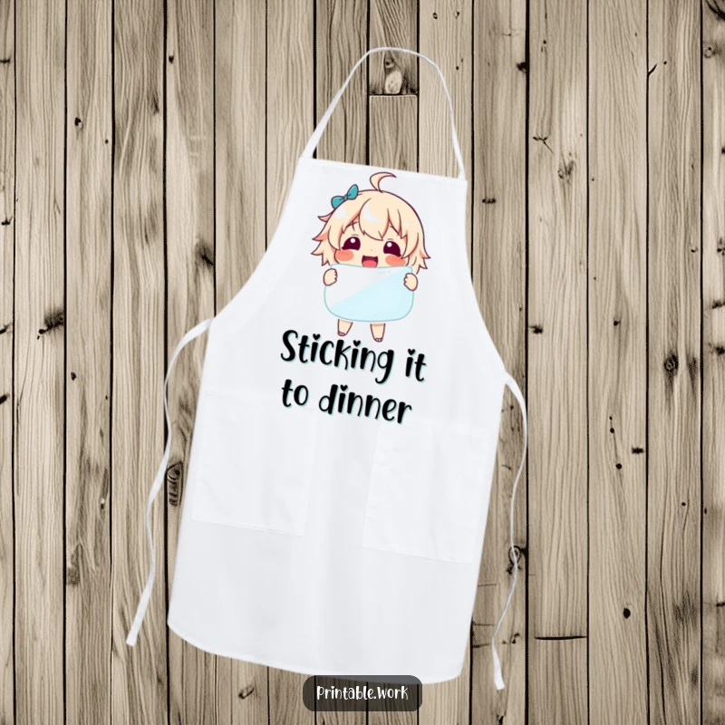 Funny Apron: A delighted character holds a giant sticker while cooking, adding humor to the kitchen.