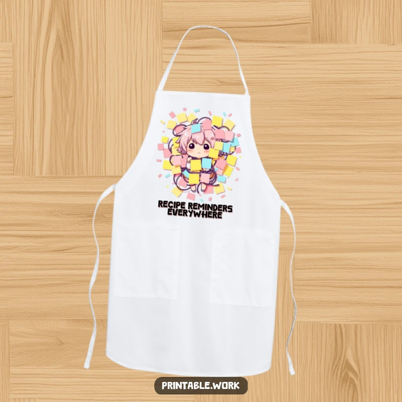 Funny apron showing a character humorously entangled in sticky notes, great for creative kitchen fun.