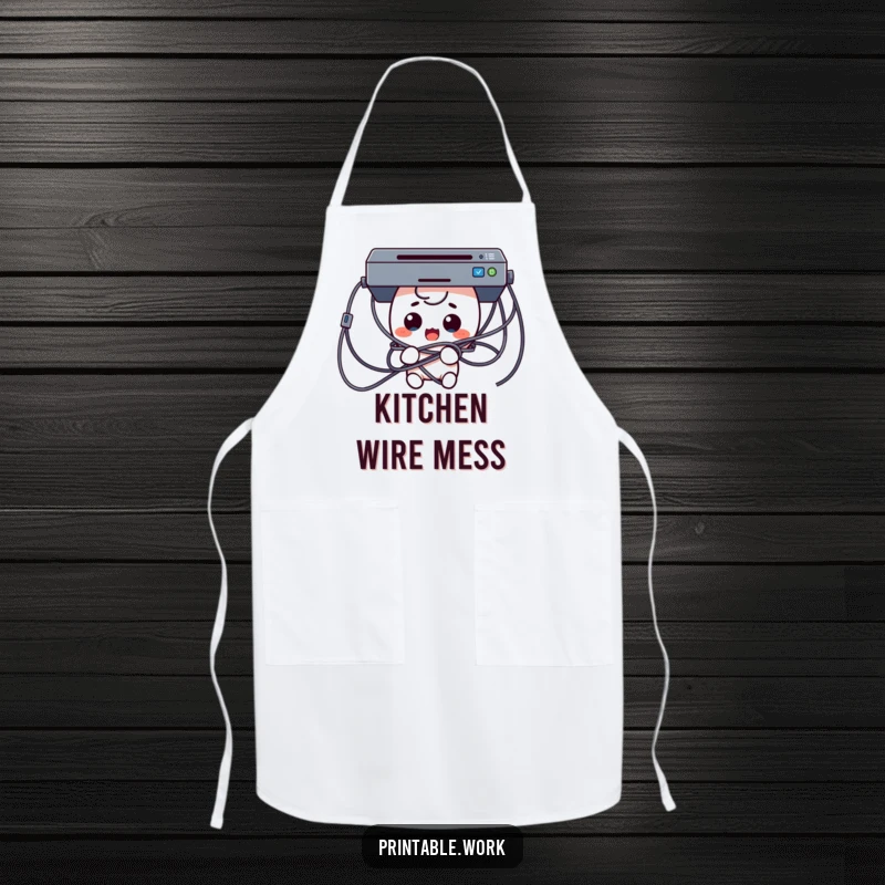Funny Tech Trouble Apron showing a surprised Kawaii character comically tangled in printer cables, a humorous kitchen accessory.
