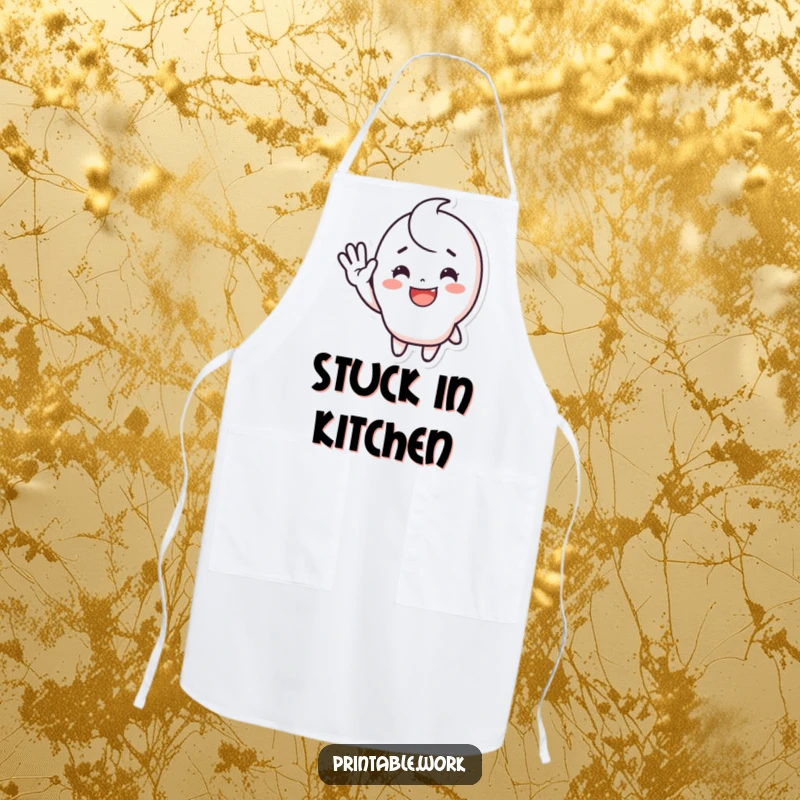 Funny waving sticker apron featuring a cute, happy character with a smile, enthusiastically waving, ideal for cheerful cooking and baking.