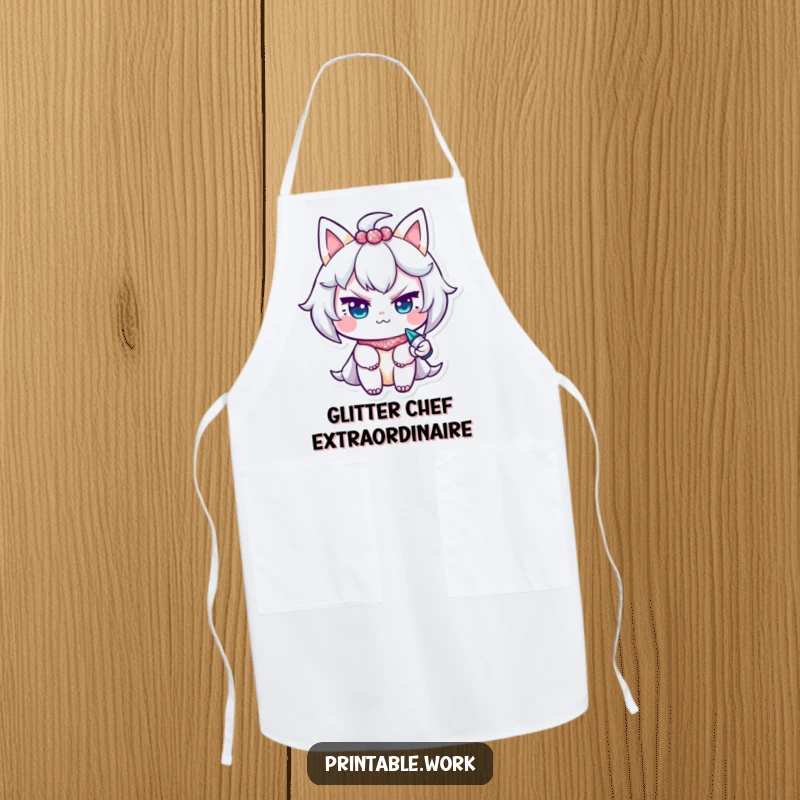 Funny Apron: A character with a mischievous wink uses a glitter pen, adding sparkle to kitchen tasks.