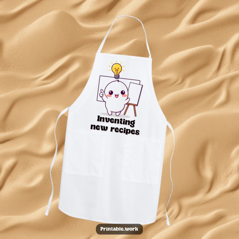 Funny Apron: Humorous apron with a kawaii character featuring a lightbulb and a whiteboard, perfect for creative cooks.