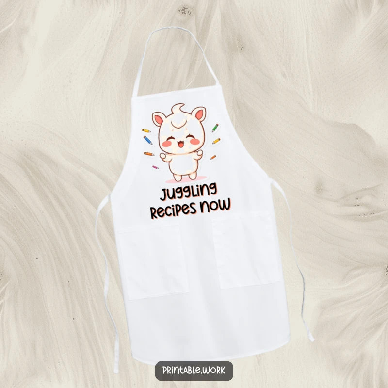 Funny Apron: A giggling Kawaii character juggles small, colorful pens, ready to assist in any creative project.