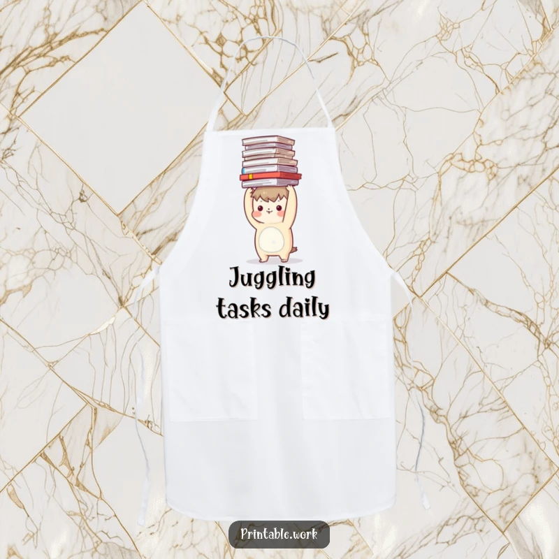 Funny apron showing a character trying to balance a stack of papers on its head while cooking, kitchen humor.