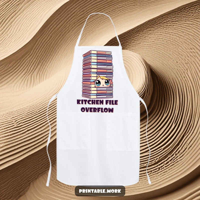Funny character apron, surprised looking at a towering stack of files with wide eyes, office humor, humorous kitchen wear, gift.
