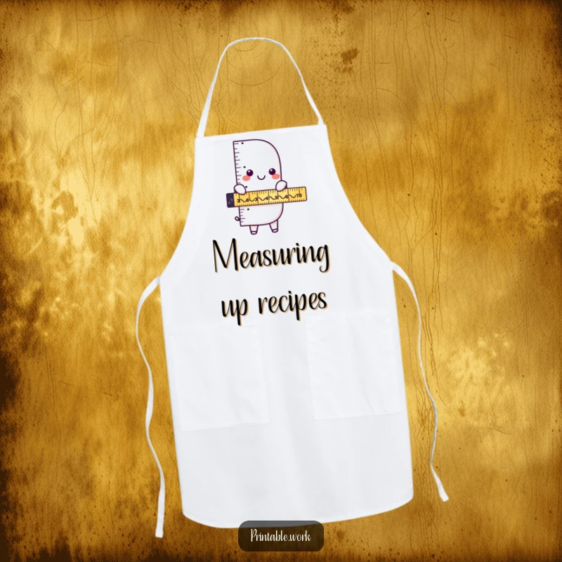 Funny ruler character wearing an apron, measuring zigzags, bringing humor to crafting and kitchen tasks with geometric flair.