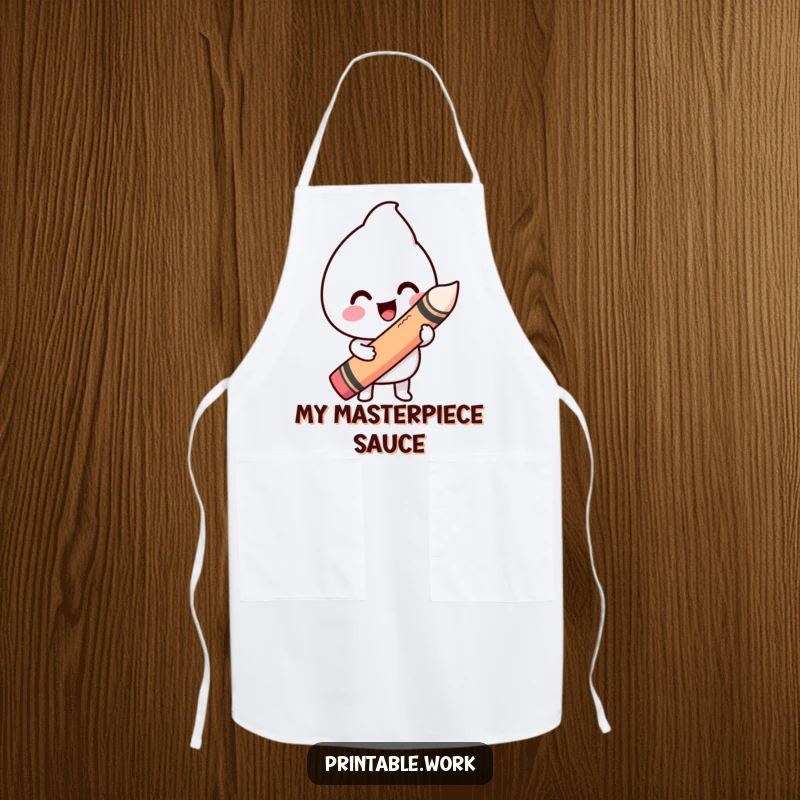 Funny apron showing a happy Kawaii character drawing a wiggly line with a large crayon, ideal for messy art activities.