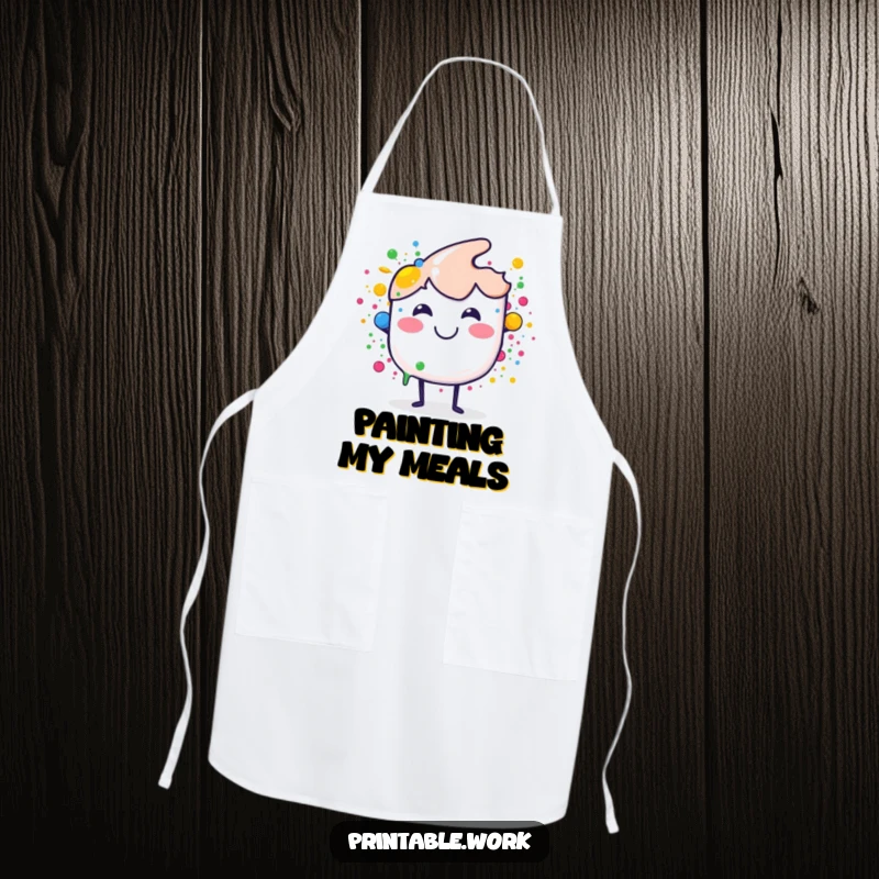 Funny apron featuring a smiling paint brush splashing colorful dots, great for artists and a practical, funny gift.