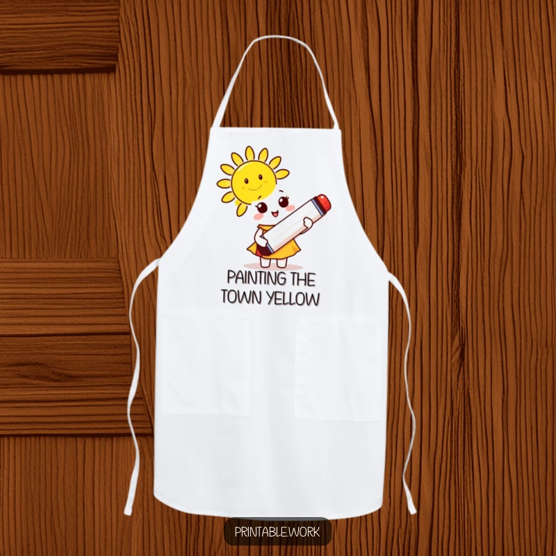 Funny Apron: A cute character holds a giant marker, drawing a smiling sun, perfect for kitchen creativity.
