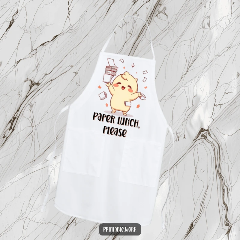 Funny apron depicting a delighted Kawaii character juggling stacks of paper, ideal for a humorous kitchen or office setting.