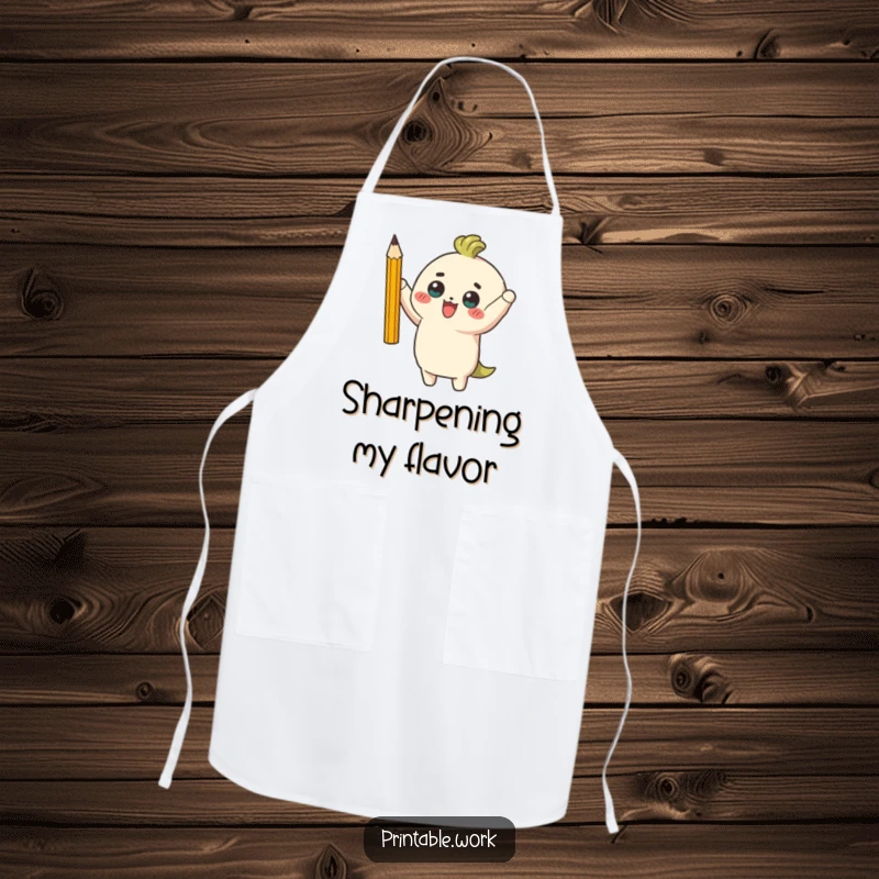 Funny apron showcasing a triumphant character holding a perfectly sharpened pencil, ready for kitchen success with a humorous flair.