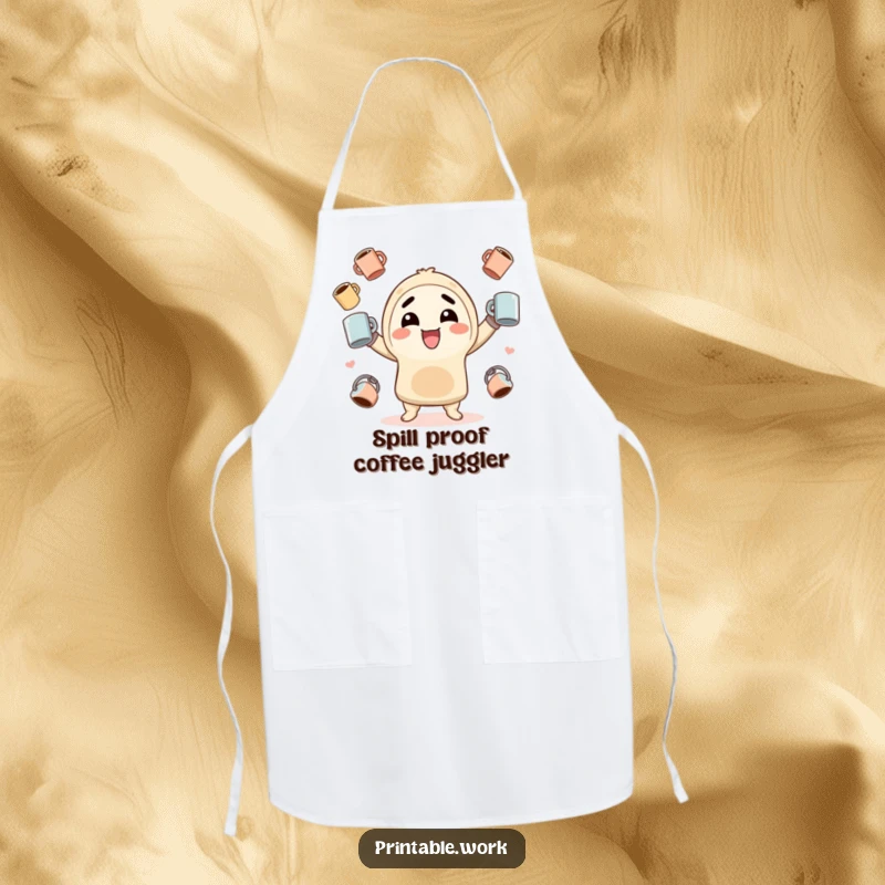 Funny Apron: Adorable kawaii character juggling coffee mugs while cooking, adding humor and charm to any kitchen, a great chef gift.