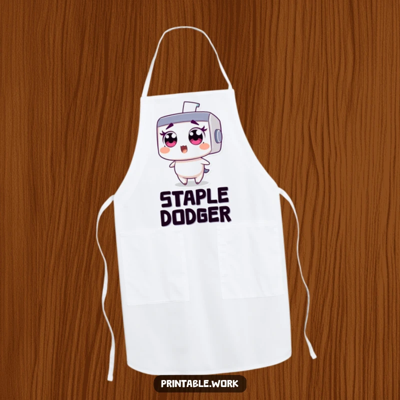 Funny apron: Wide-eyed printer character comically surprised by a flying staple, practical and humorous kitchen wear.