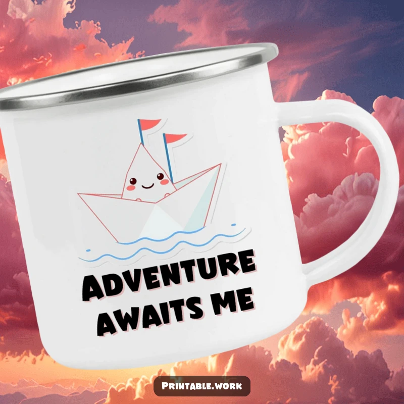 Funny paper boat character with a tiny flag sailing on a wavy line, on a durable camping mug, for outdoor enjoyment.