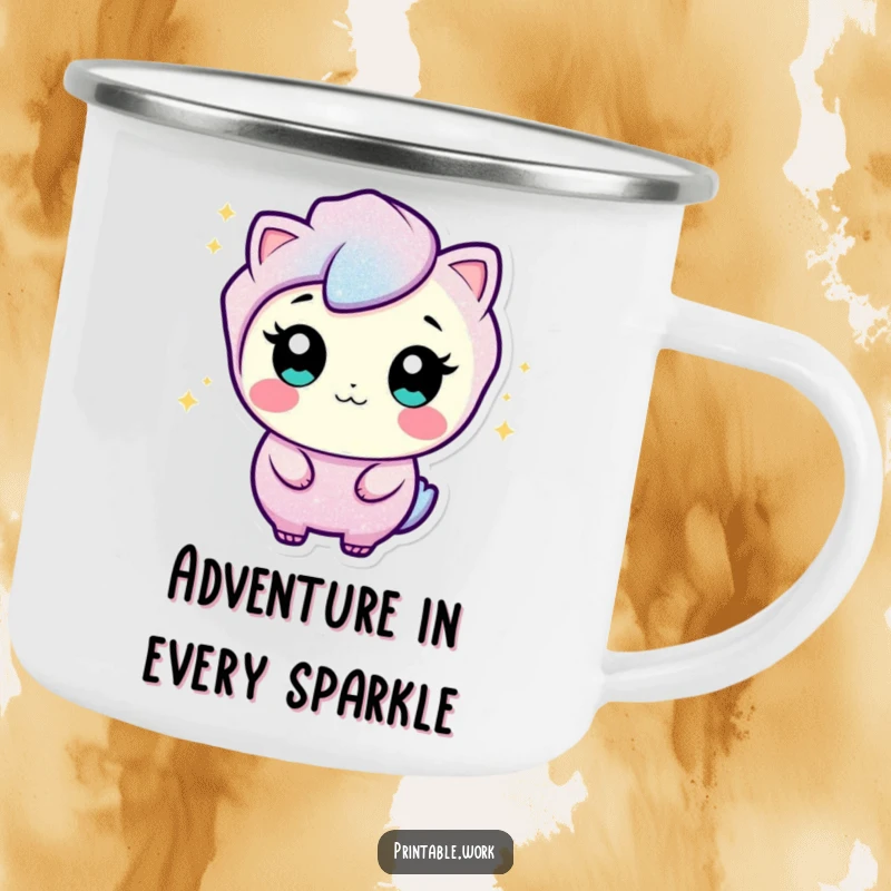 Funny camping mug with a curious glitter character, adding sparkle and wiggles to your outdoor beverage enjoyment.