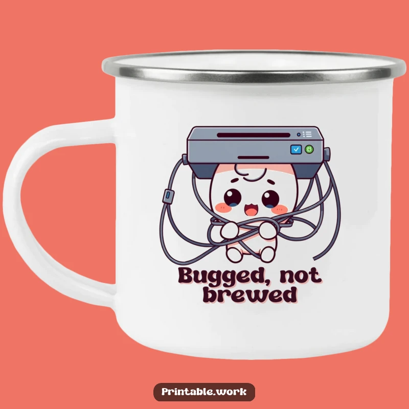 Funny Tech Trouble Camping Mug: Surprised Kawaii Character in Cables Adventure Gift