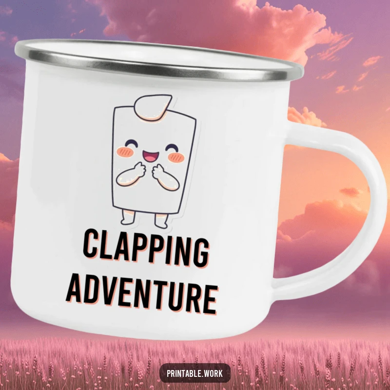 Funny camping mug: Happy paper character joyfully clapping with tiny hands, durable and humorous for outdoor cheer.