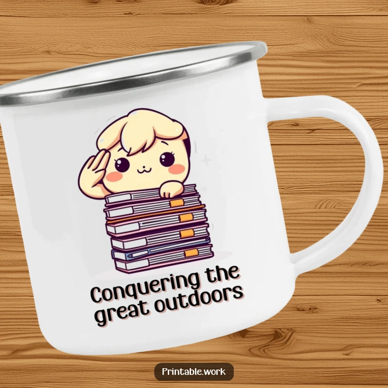 Funny Kawaii Camping Mug: Determined character saluting a stack of files, ready for outdoor adventures with a smile.