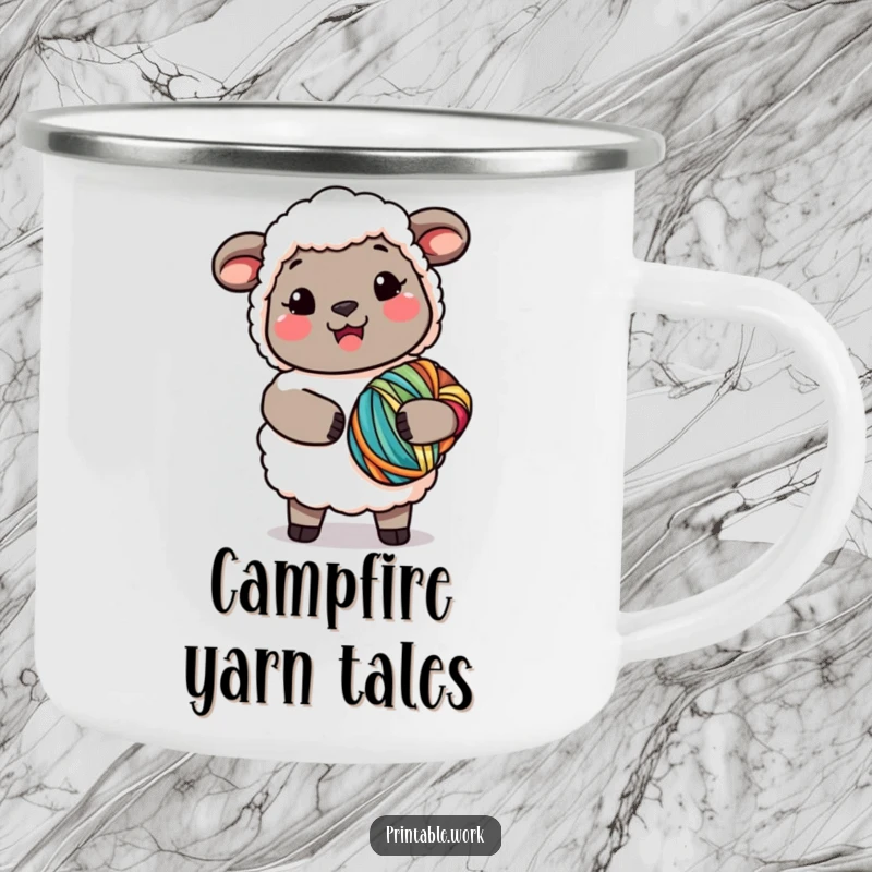 Funny Kawaii Sheep Yarn Camping Mug showing a joyful sheep holding yarn, perfect for outdoor crafting and a funny gift.