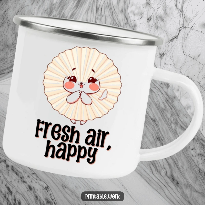 Funny Paper Fan Camping Mug: A paper fan character with rosy cheeks flutters playfully, adding fun to outdoor drinks.
